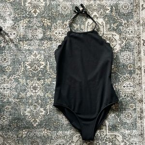 Large black open back scalloped bodysuit!